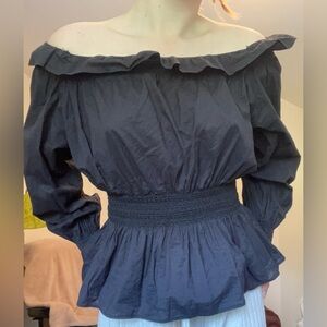Adam Lippes Black Ruffled Smocked Blouse